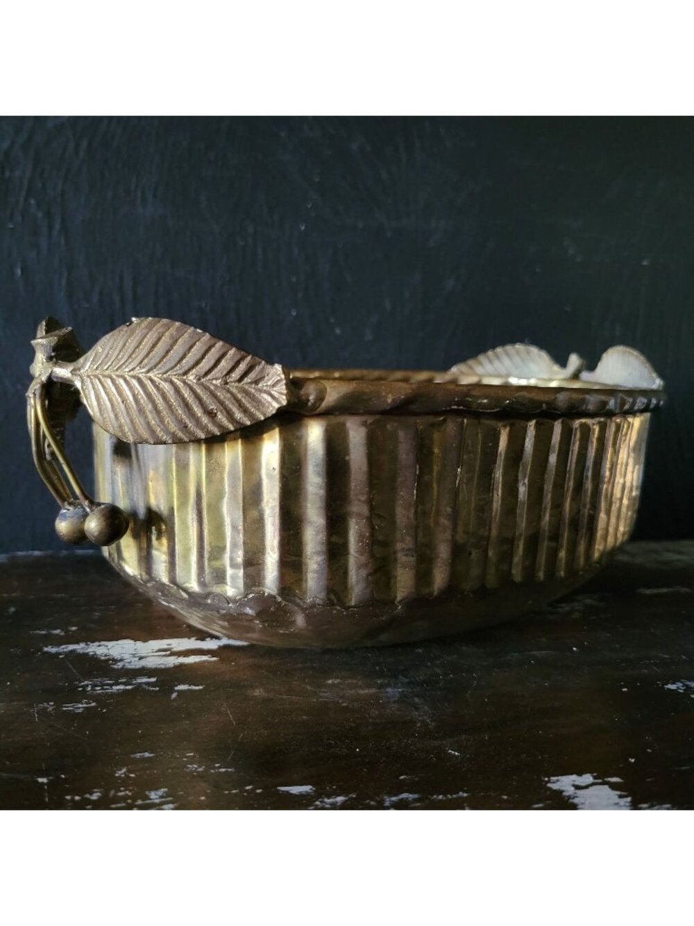 Vtg Hammered Brass Bowl / Dish with Brass Cherry Handles, Brass Planter